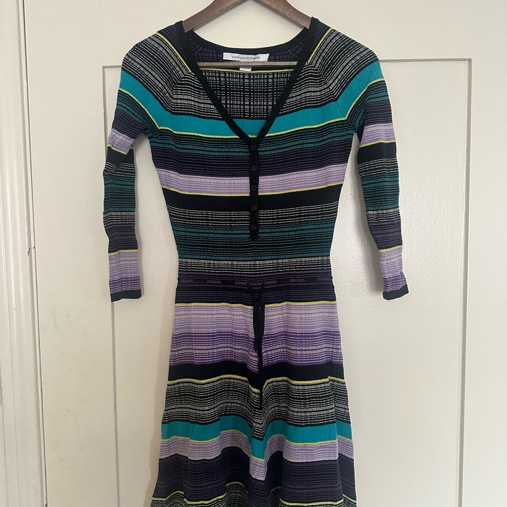 Diane Von - Striped Knit V-Neck Midi Dress in Teal, Purple & Black